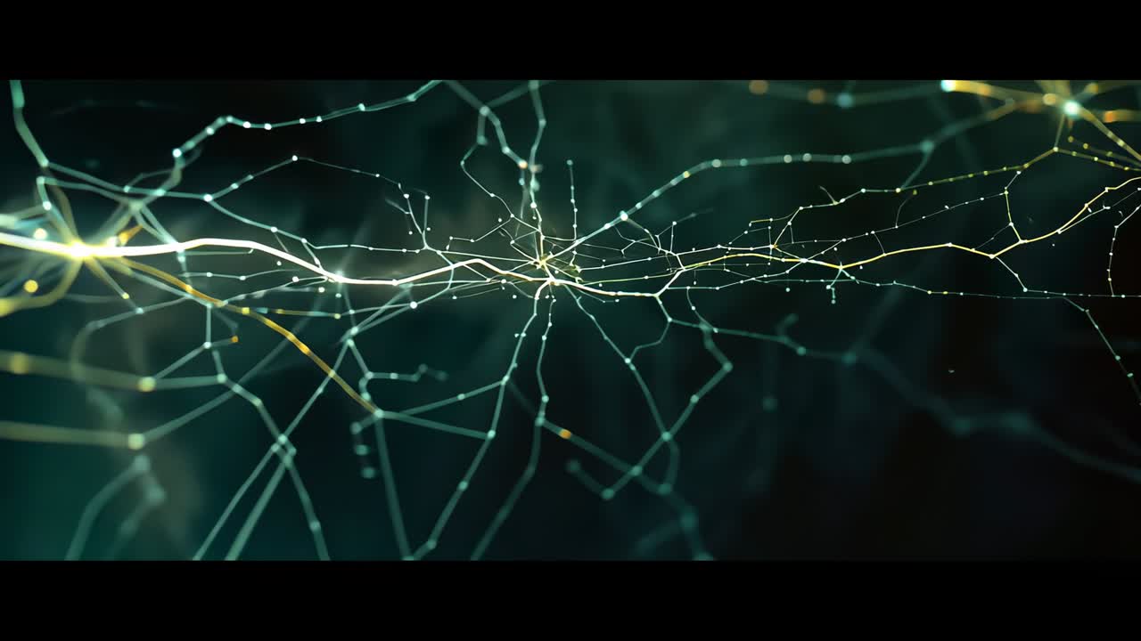 Opening on dark void, central luminous node pulsing, sending filaments toward emerging nodes