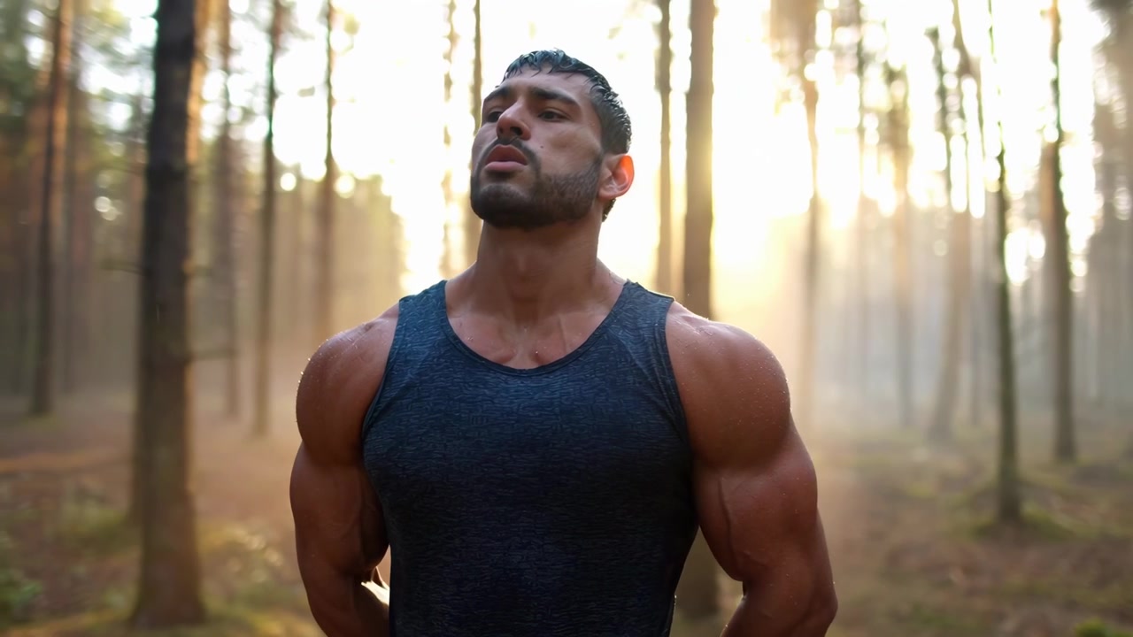 Muscular Man Stretching Arms in Misty Forest at Sunrise