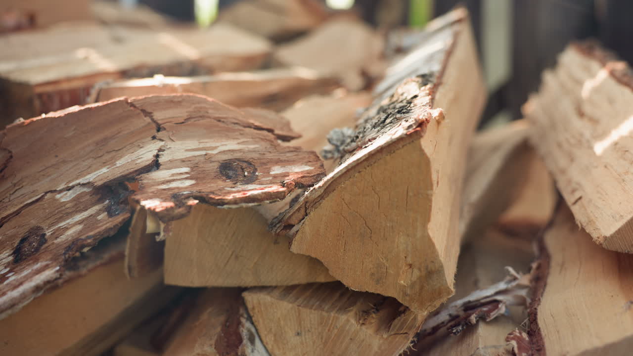 Close up of stacked firewood with rough bark textures, resting outdoors under sunlight with soft blur background, showcasing natural grain and organic edges
