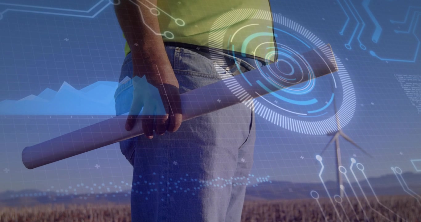 Un uomo afferra un tubo portaprogetti in un parco eolico e attiva un HUD olografico che monitora le metriche delle turbine.