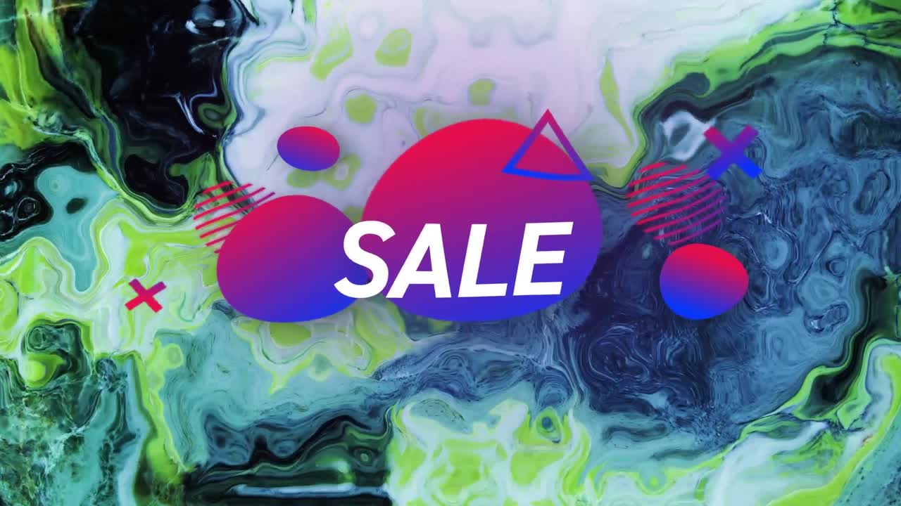 animación de venta de texto en manchas azules y rojas, sobre fondo verde y gris arremolinado