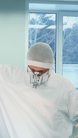 el médico ajusta la lámpara en la sala de cirugía. el cirujano enfocado con binoculares con uniforme se prepara para realizar una cirugía de derivación de la arteria coronaria en la clínica