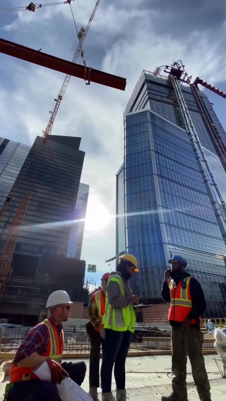 Obreros de la construcción e ingenieros discutiendo planes en una concurrida obra urbana