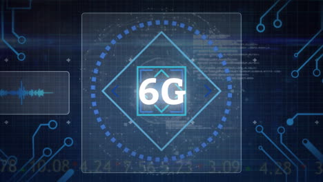 Animation-of-scope-scanning-with-data-processing-and-globe-of-connections-on-blue-background