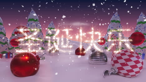 animación de los saludos de la temporada de navidad sobre un paisaje de invierno con nieve y decoraciones navideñas