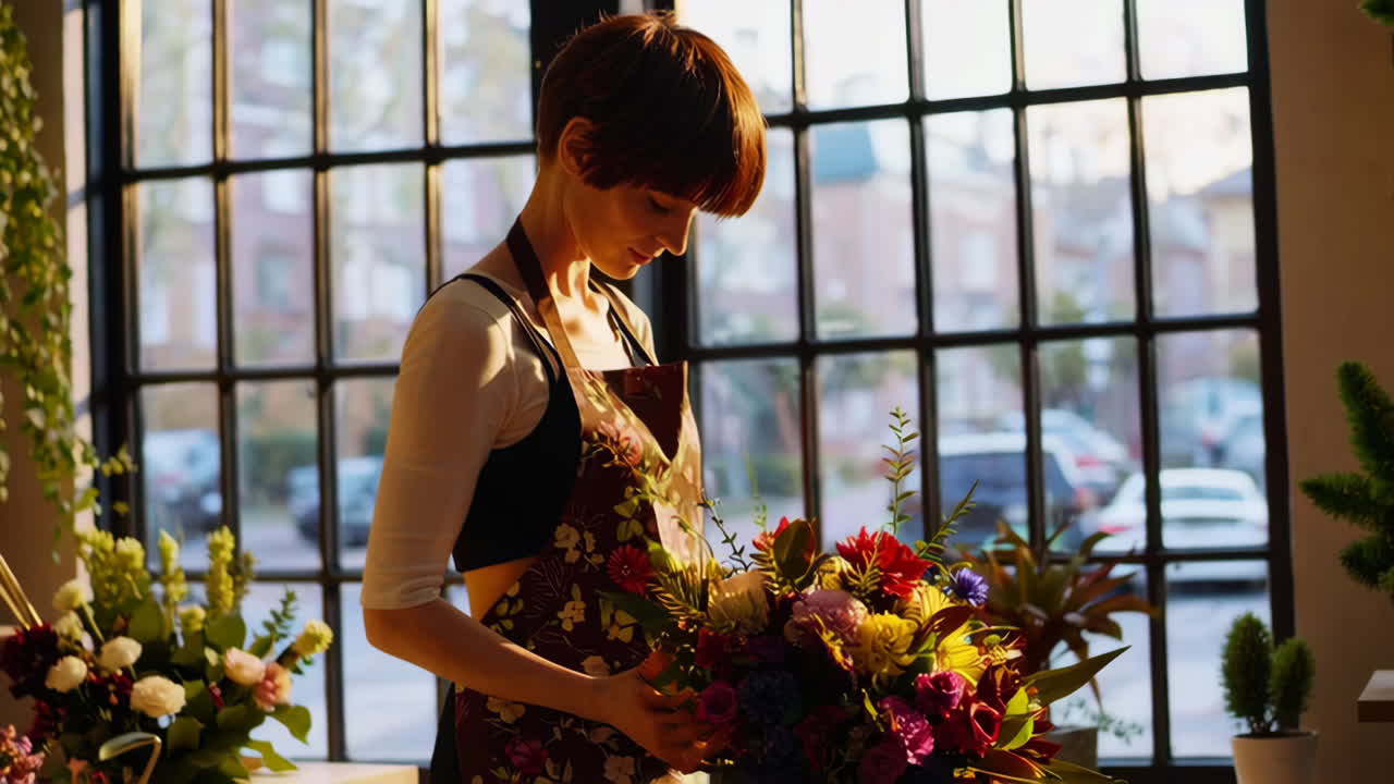 Florist Arranging a Colorful Bouquet by a Window