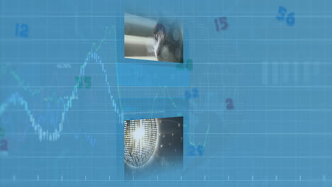 animación de emoticones, globos, hélice de adn, gato, gráficos múltiples sobre números en un fondo abstracto