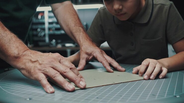 Placing board, adult craftsman guiding child in olive polo aligning on grid mat at workbench