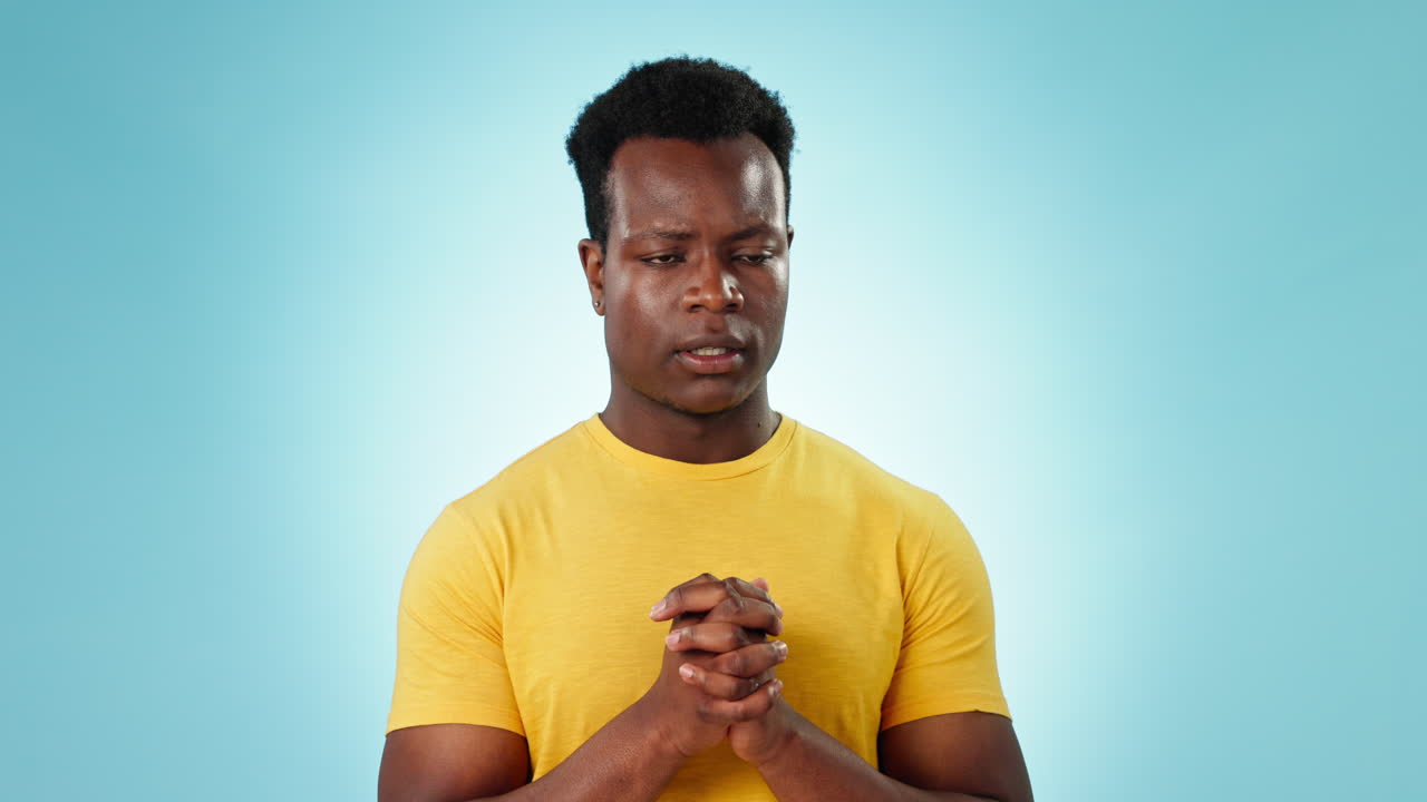 Praying, hands and portrait of man with stress
