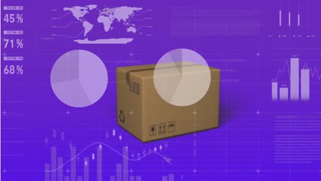 Animation-of-statistical-data-processing-over-delivery-box-falling-against-purple-background