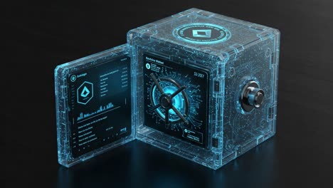 a high-tech transparent safe featuring a digital interface and sophisticated mechanism, showcasing advanced security features and futuristic design elements
