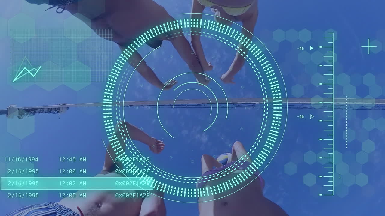 animación de escaneo de alcance y procesamiento de datos sobre personas caucásicas jugando al voleibol.