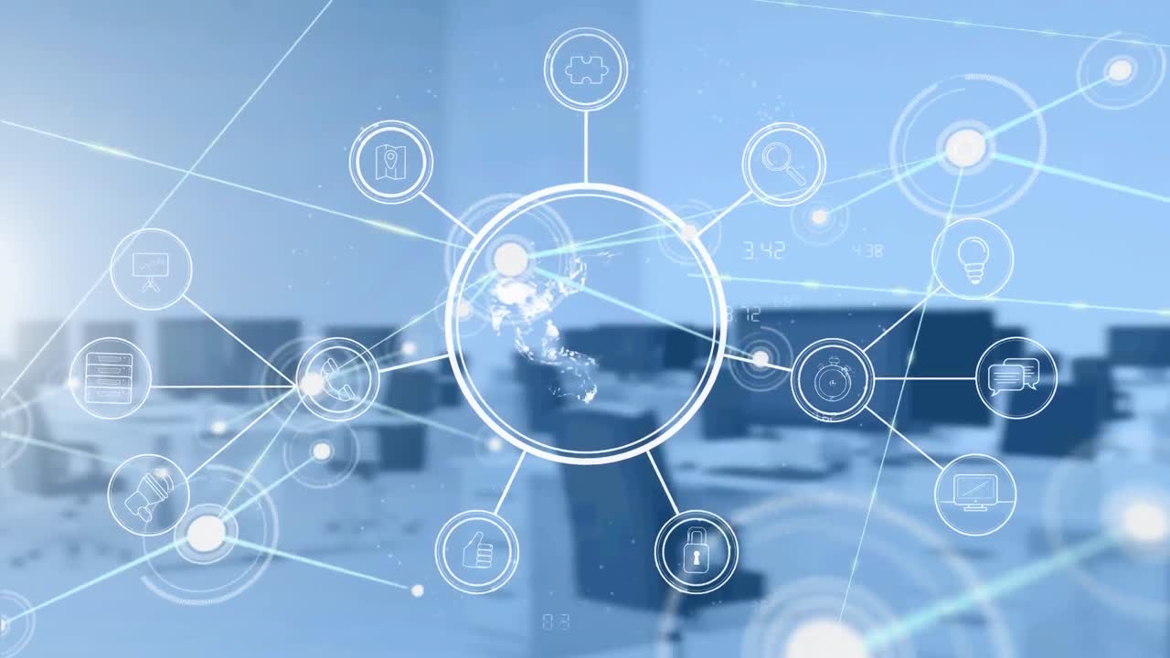 백그라운드에서 비어 있는 사무실 위에 아이콘을 가진 연결 네트워크의 애니메이션