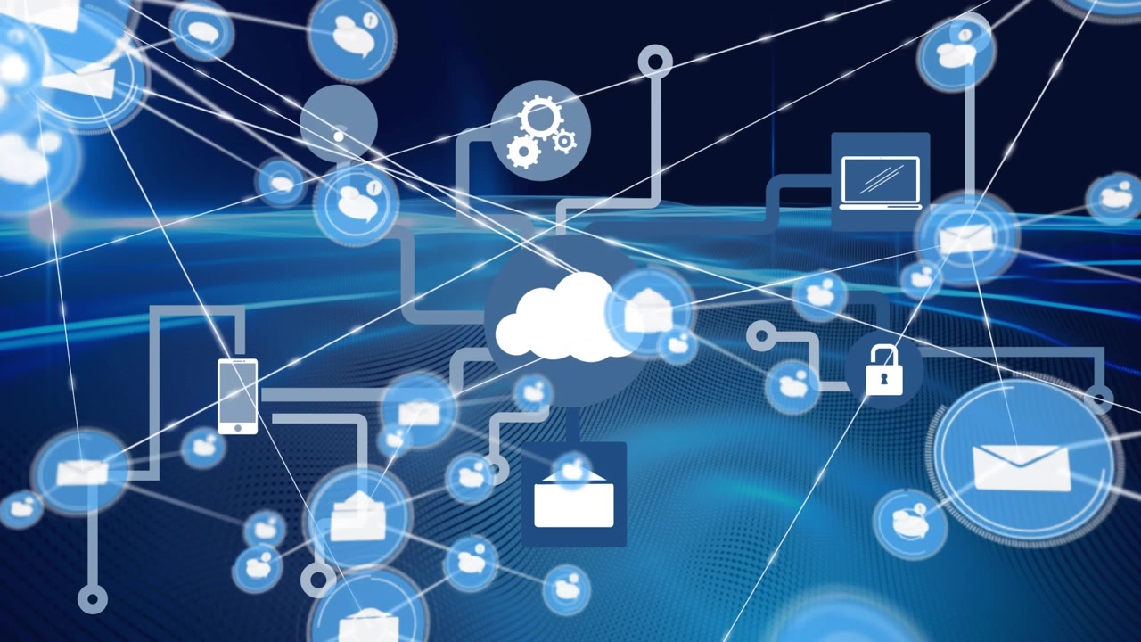 Animation of network of digital icons over digital wave and light spot against blue background