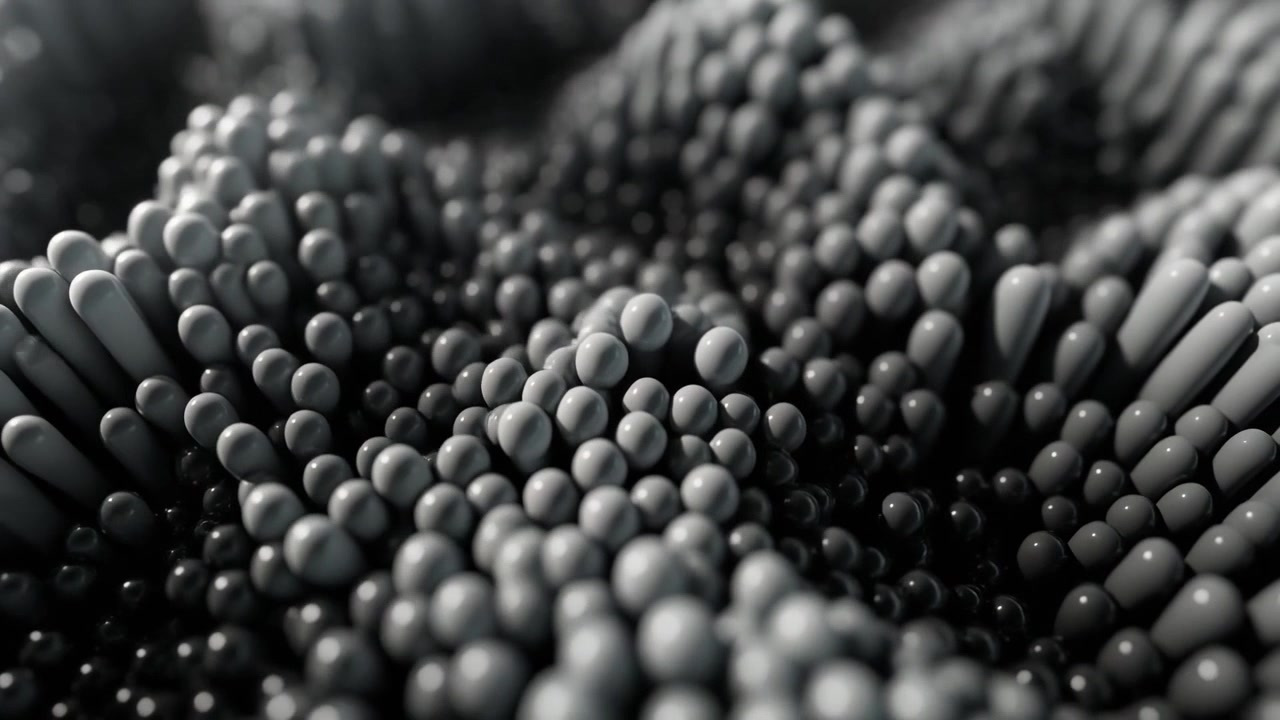 Animation 3D abstraite de sphères et de piliers monochromes en mouvement