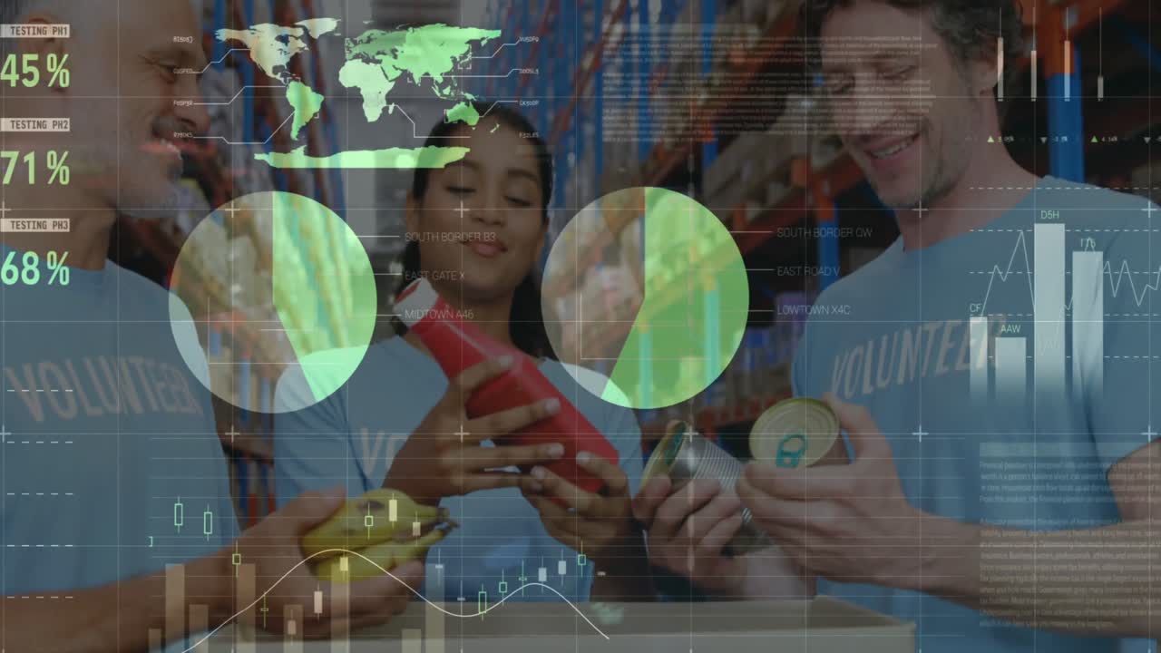 processamento de dados estatísticos contra voluntários masculinos e femininos que abrem sacos de doação no armazém