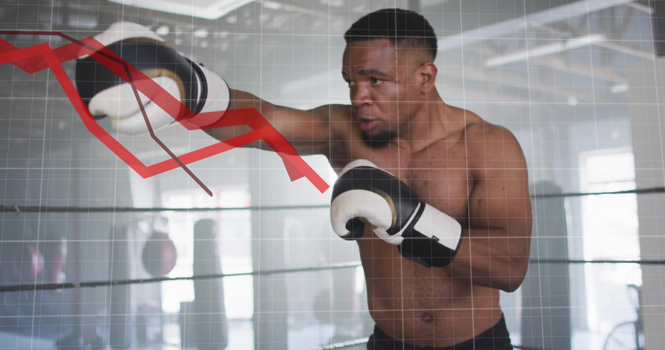 Boxer launching jab and hooks in ring while moves driving red graphs and tracking fitness metrics