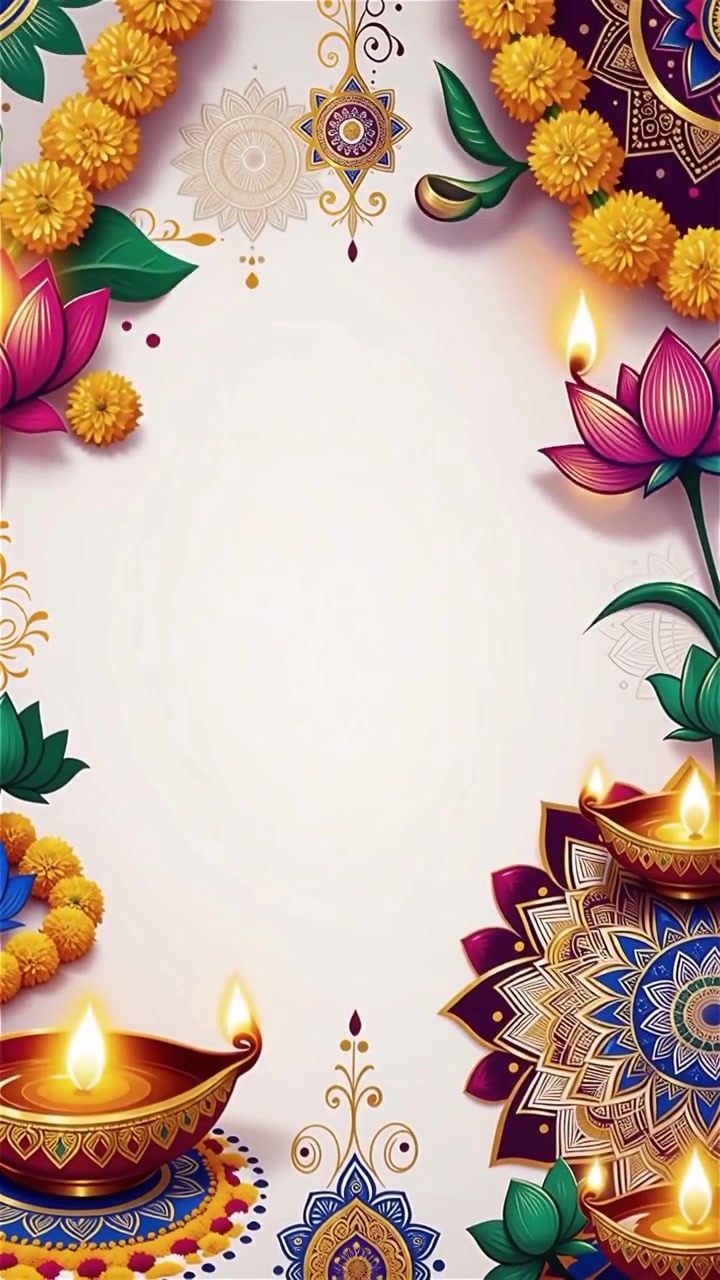 Sfondo Diwali con Diyas luminosi, Rangoli e fiori di loto