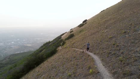 girl with a dog walking along a hiking trail on the mountain in wasatch range, utah, usa - drone shot