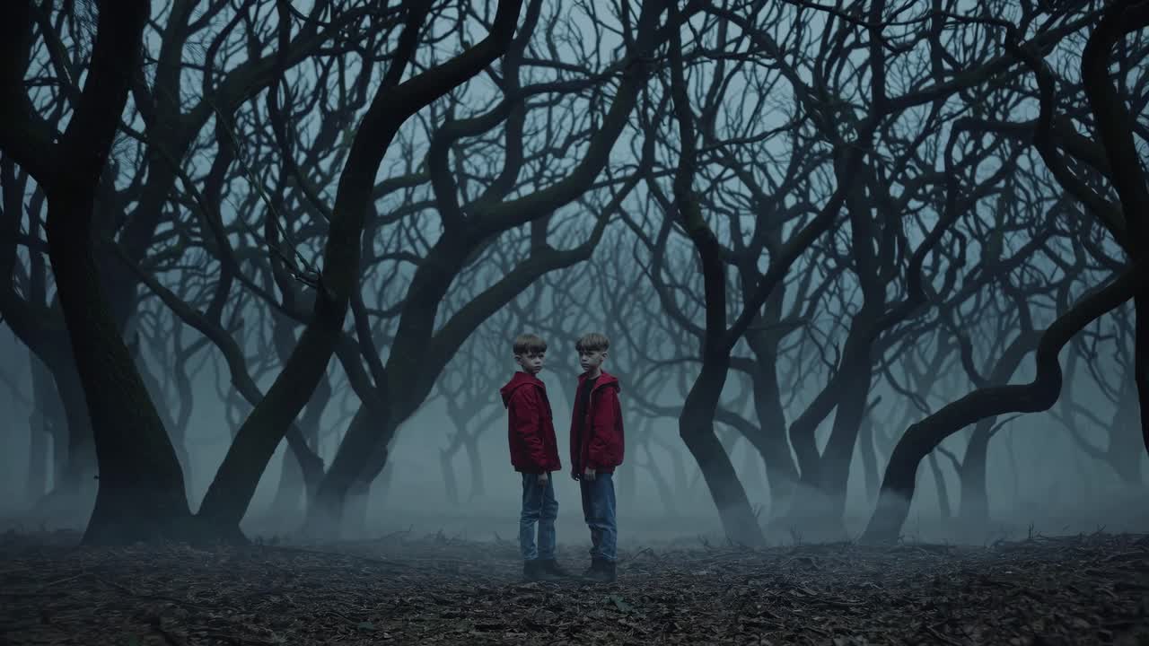 Twin Boys in a Mysterious Foggy Forest