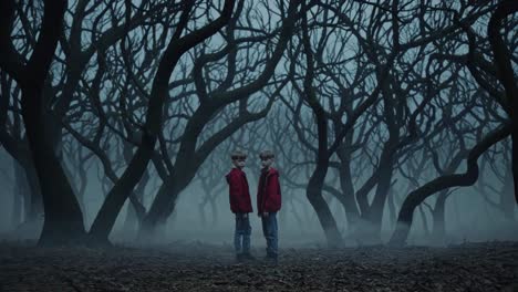 twin boys in a mysterious foggy forest