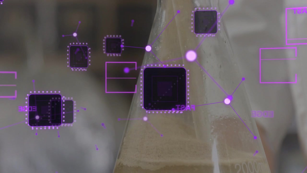 Camera pulling back, flask holding cloudy liquid and tubing, purple nodes mapping lab 200 metrics