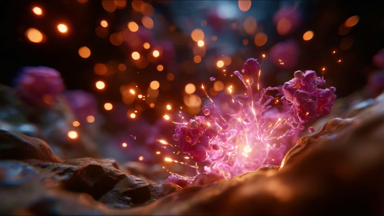 Captivating High-Definition Exploration of Vibrant Pink Particles Emitting Light in an Abstract Environment with Sparkling Elements and Rich Textures