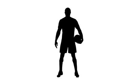 Video-of-black-silhouette-of-male-soccer-player-with-ball-isolated-on-white-background