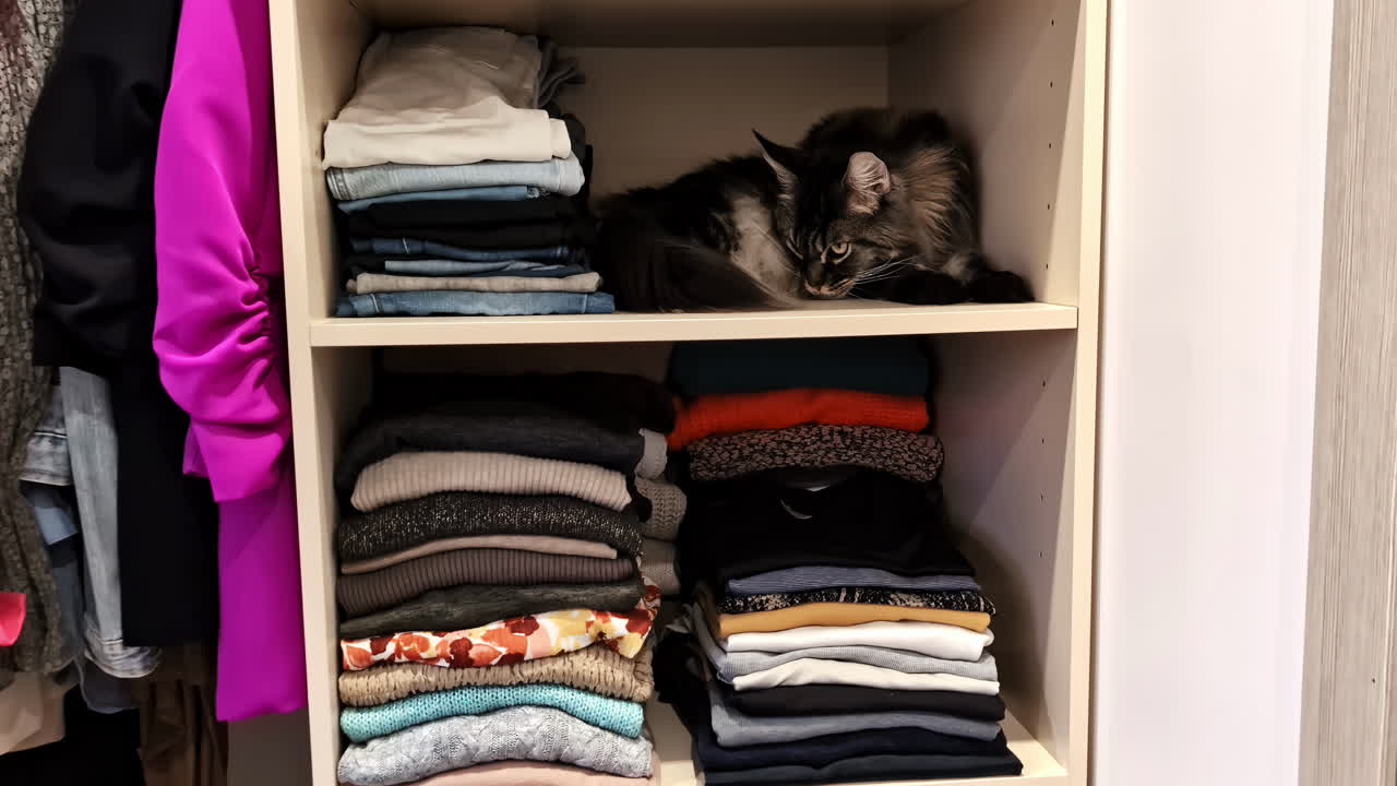 A Cat Cozily Lounges on a Shelf in a Wardrobe, Nestled Beside Neatly Folded Clothes - Zoom In Shot
