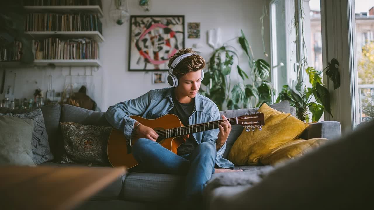 Young man plays guitar on a cozy sofa surrounded by plants