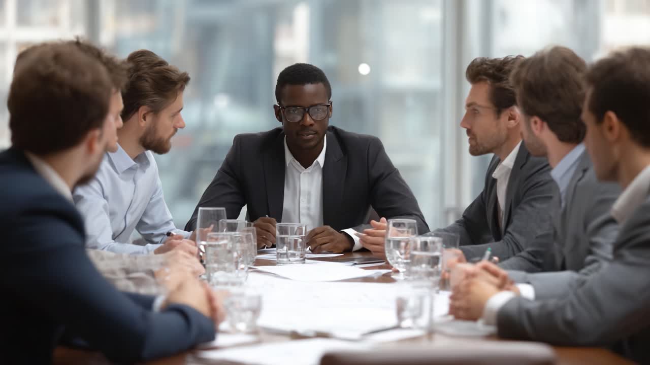Une réunion d'affaires dynamique : Un dialogue engageant entre professionnels autour de la table de réunion, avec un accent clair sur la collaboration et la planification stratégique.