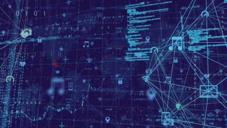 animation of connected icons globe, binary codes and computer language over map