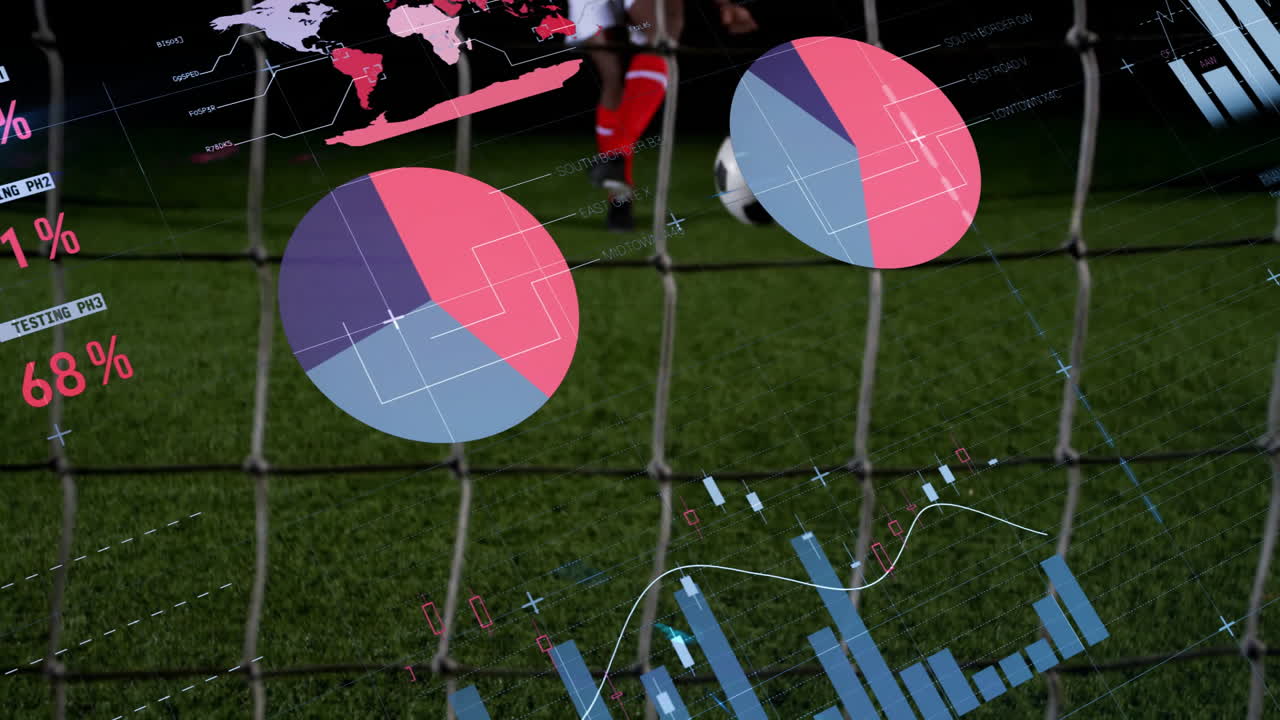 Behind net, soccer player analyzing animated data charts and graphs in school