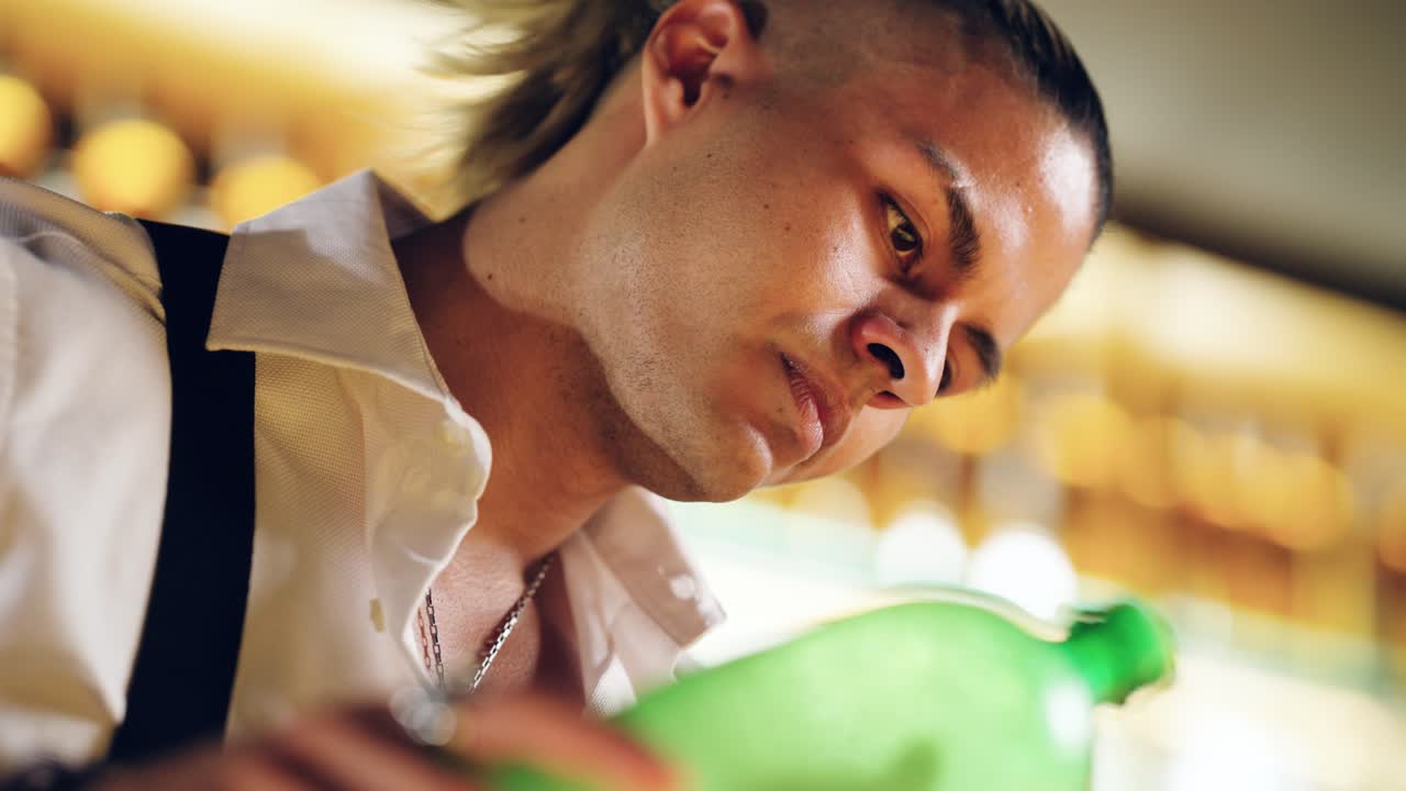 Close-up of Focused Bartender Holding a Green Bottle