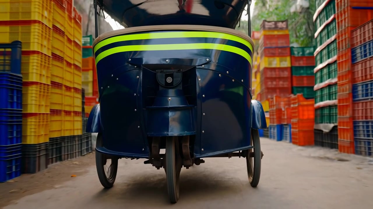 Low-angle frontal view shows dark blue three-wheeled rickshaw in narrow outdoor market alley, idling and ready to move beside stacked produce crates, concrete pavement, muted shade, and busy street