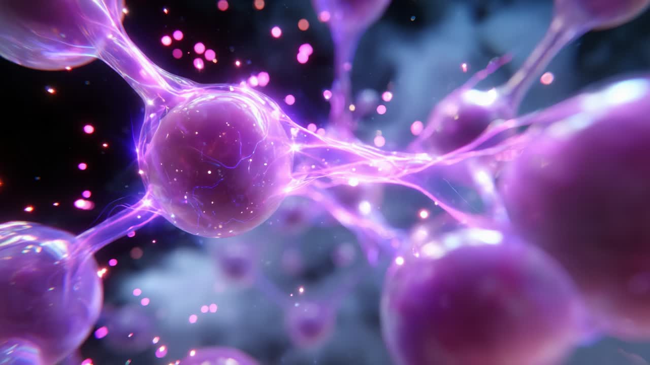 An Intricate Visualization of Neural Connections Illustrating the Dynamic Interaction Between Neurons, Highlighting the Ethereal Beauty of Synaptic Activity in a Deep Purple and Sparkling Environment