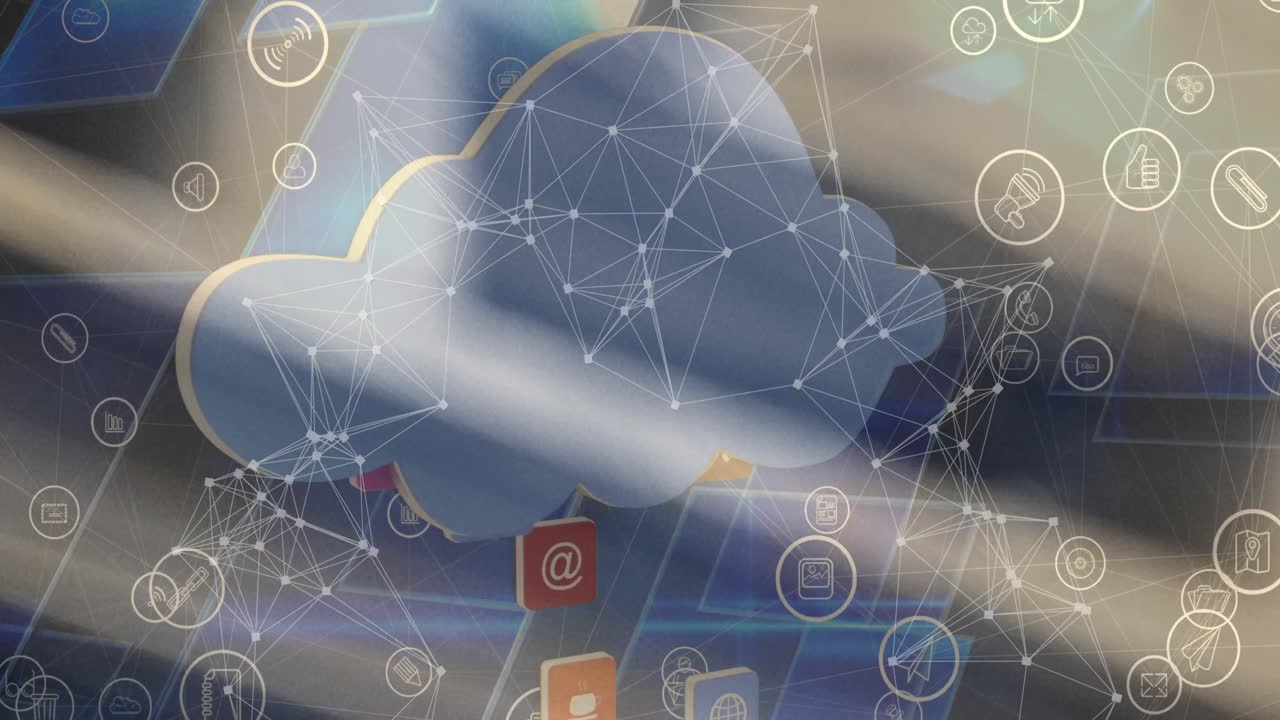 animación de la red de conexiones con iconos sobre un fondo borroso