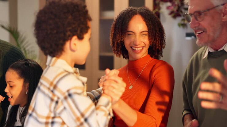 A family celebrates together with laughter and joy