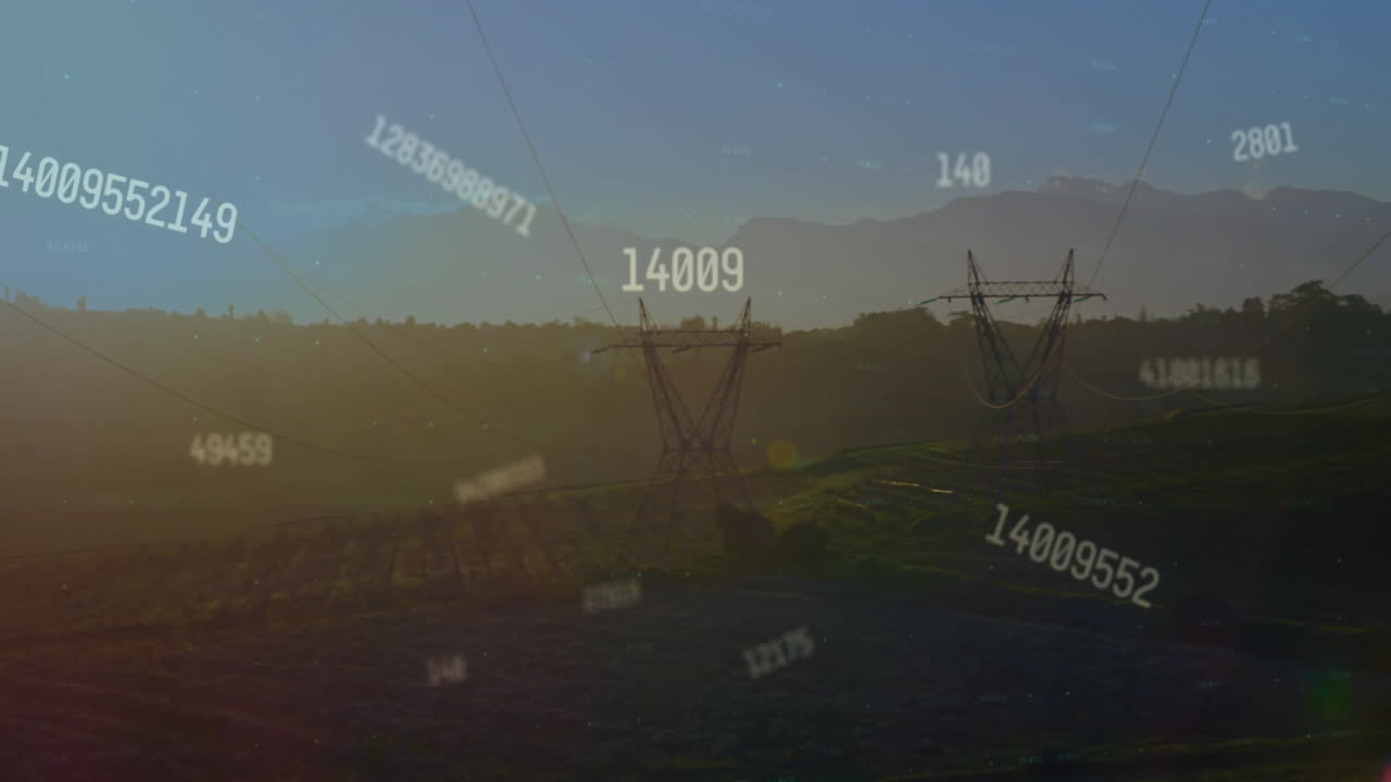 Animation of financial data processing over electric pylons in countryside