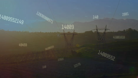 Animation-of-financial-data-processing-over-electric-pylons-in-countryside