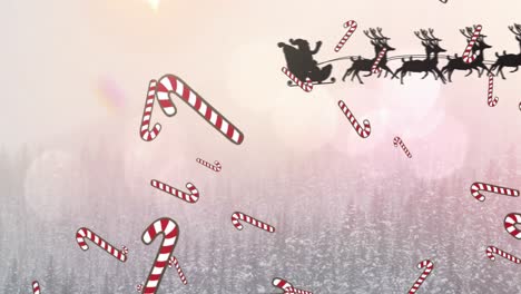 animation of candy canes and santa in sleigh over christmas winter scenery