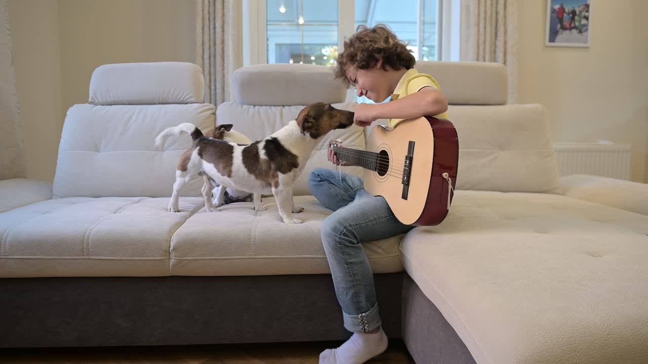 Blond boy with curly hair playing the guitar sitting on the couch, next to him are their dogs lying and walking on the sofa