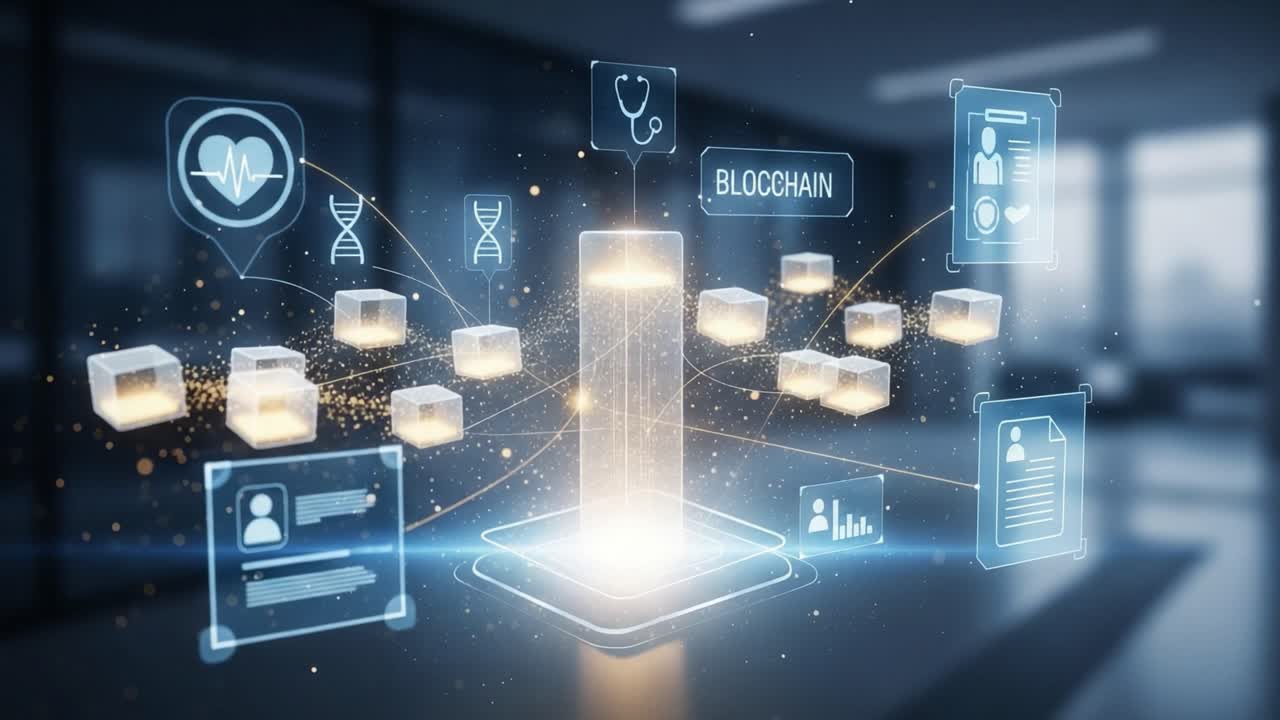 Futuristic Blockchain Technology and Health Data Management Visualization in a Modern Office Environment Showcasing Connectivity and Innovation