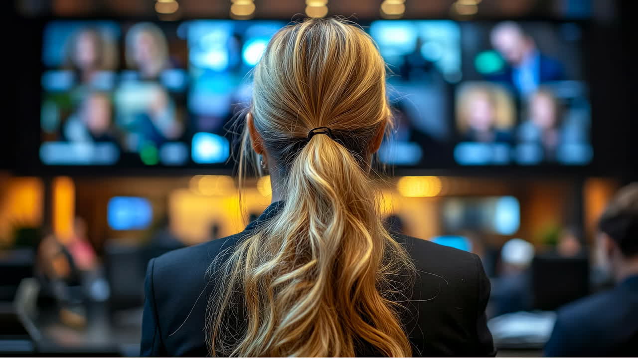 Woman with ponytail watching multiple screens in control room. Back view of a person with blonde hair looking at a wall of monitors displaying video feeds