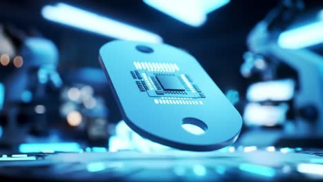 an in-depth look at a floating microchip in a high-tech laboratory with advanced technology and illumination, showcasing its design and functionality