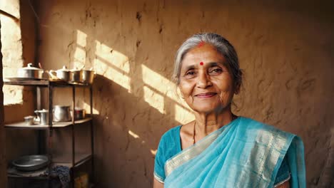serene elderly indian woman wearing traditional clothes smiling in her kitchen, sunlight illuminating the room and metal cooking pots on shelves
