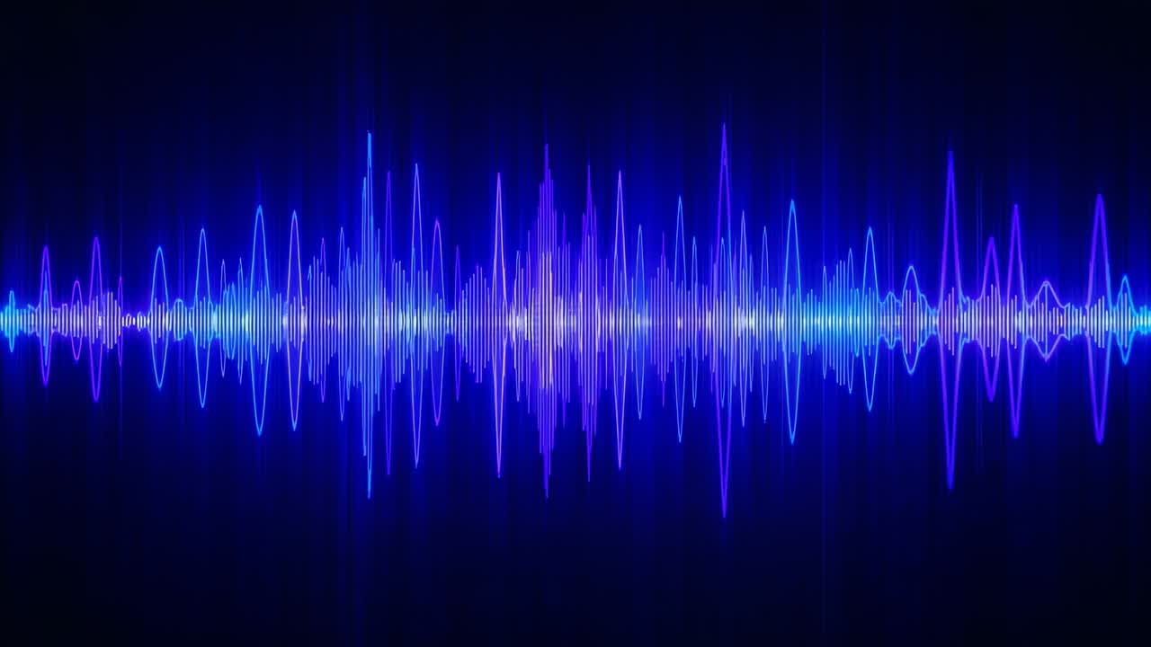 Rising audio amplitude causing centered cyan waveform swelling on dark backdrop, with glow columns