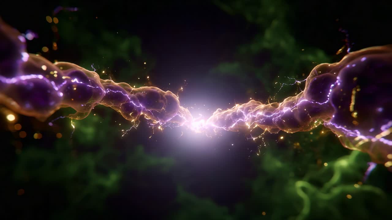 A stunning visual representation of ethereal energy bursts, showcasing dynamic interactions between vibrant purple and green contours in an otherworldly environment