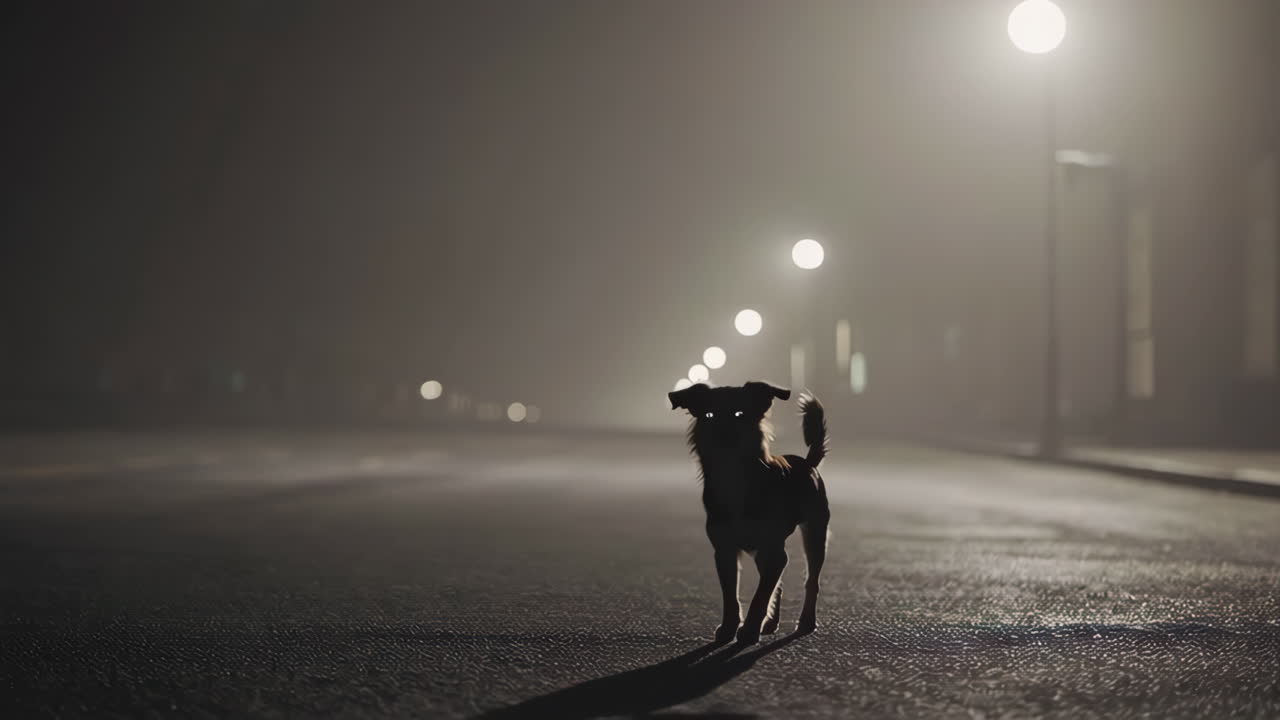 Dog on a Foggy Street at Night
