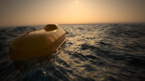 botes salvavidas de emergencia que flotan en el mar agitado. utilizados para la evacuación de barcos que se hunden. equipo de rescate para accidentes marinos inesperados de barcos o cruceros. garantía de seguridad de cruce. cielo al atardecer.